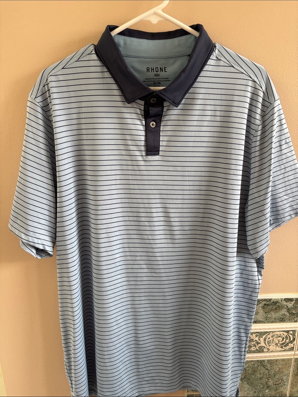 RHONE Golf Sport Polo Light Blue Striped with Navy Collar